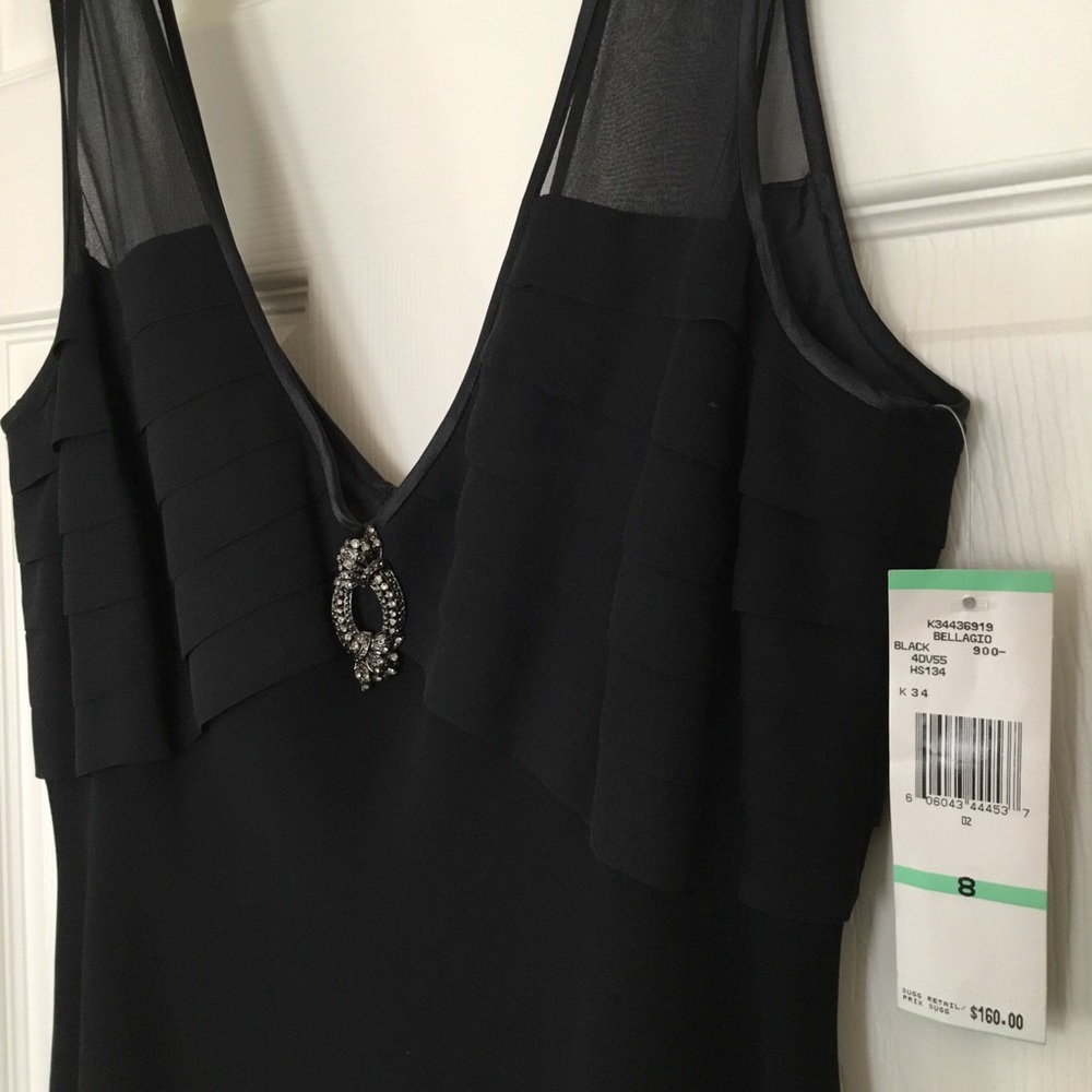 NEW Jones New York fit and flare V neck with brooch Bellagio classic black dress